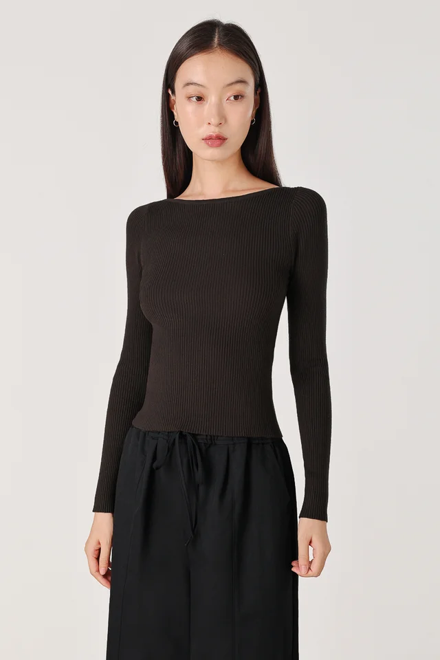 JAYLIN BOAT NECK LONG SLEEVE KNIT TOP (ESPRESSO)