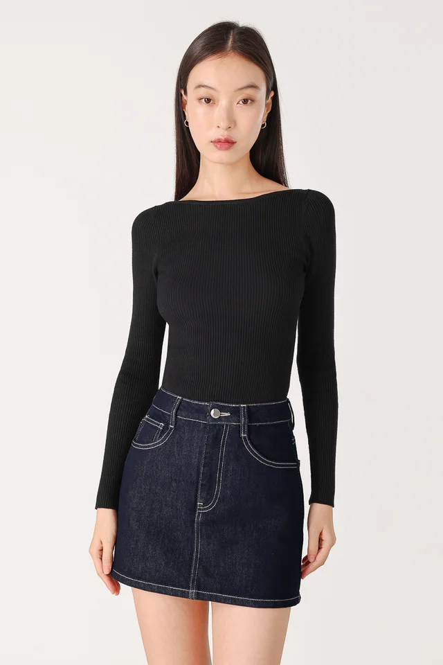 JAYLIN BOAT NECK LONG SLEEVE KNIT TOP (BLACK)