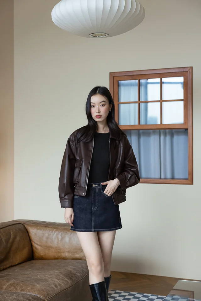EMERSON ZIPPER FAUX LEATHER JACKET (MAHOGANY)
