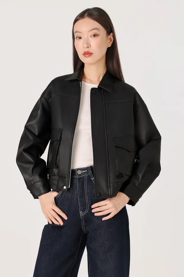 EMERSON ZIPPER FAUX LEATHER JACKET (BLACK)