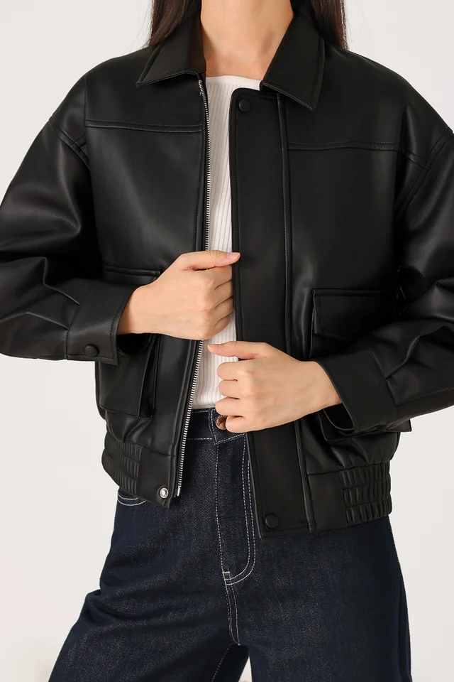 EMERSON ZIPPER FAUX LEATHER JACKET (BLACK)