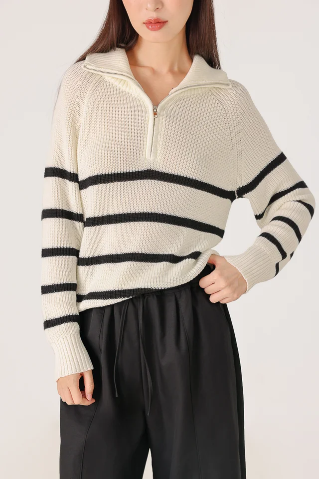 JOYCE PREMIUM COLLARED ZIPPED PULLOVER KNIT TOP (OFF-WHITE)