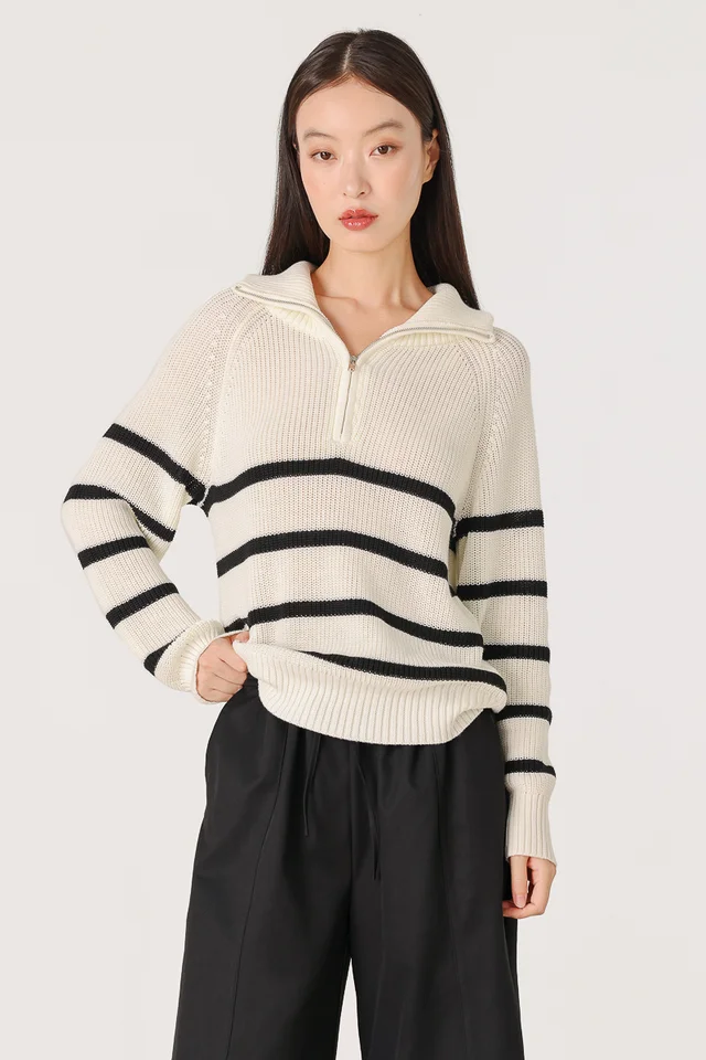 JOYCE PREMIUM COLLARED ZIPPED PULLOVER KNIT TOP (OFF-WHITE)