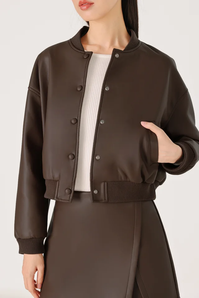 WINIFRED FAUX LEATHER BOMBER JACKET (ESPRESSO)