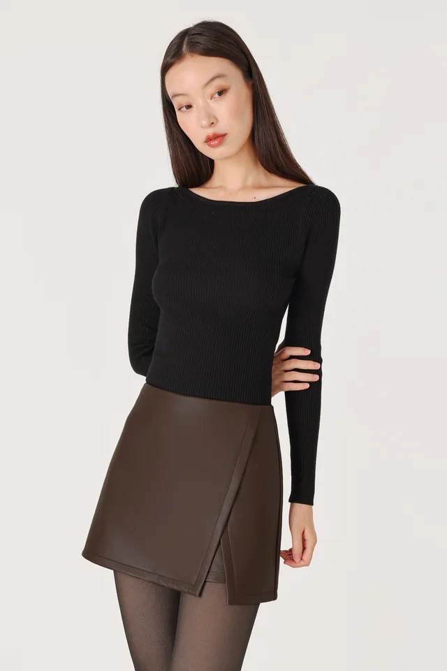 WINIFRED FAUX LEATHER ASYMMETRICAL SLIT SKORTS (ESPRESSO)