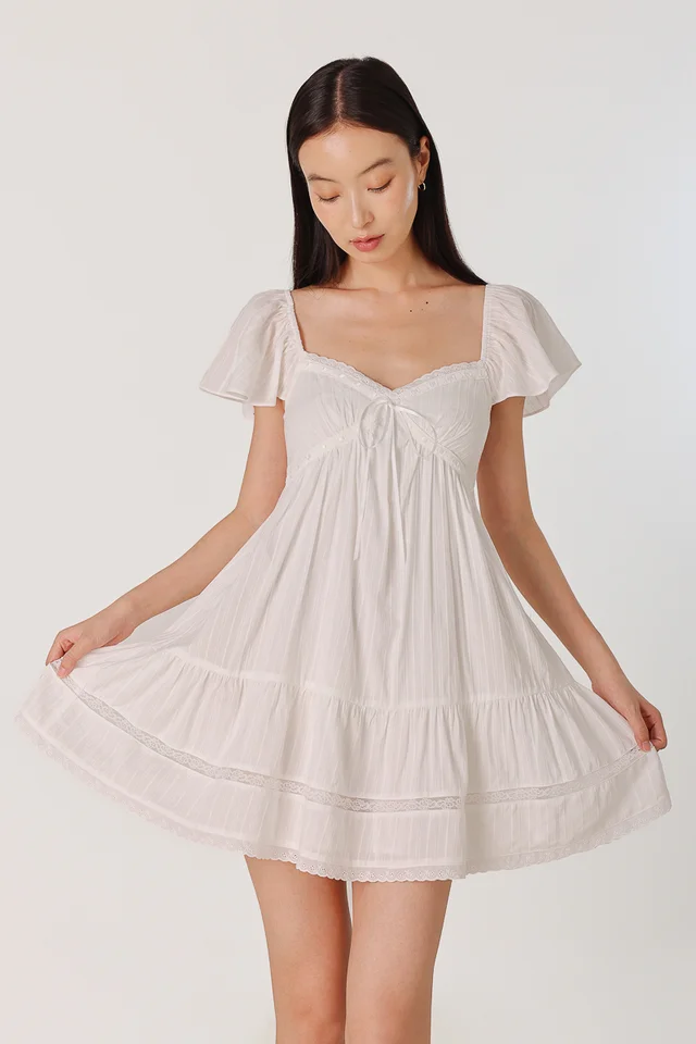 LIANE PADDED RIBBON INSERT FLUTTER SLEEVE DRESS (WHITE)