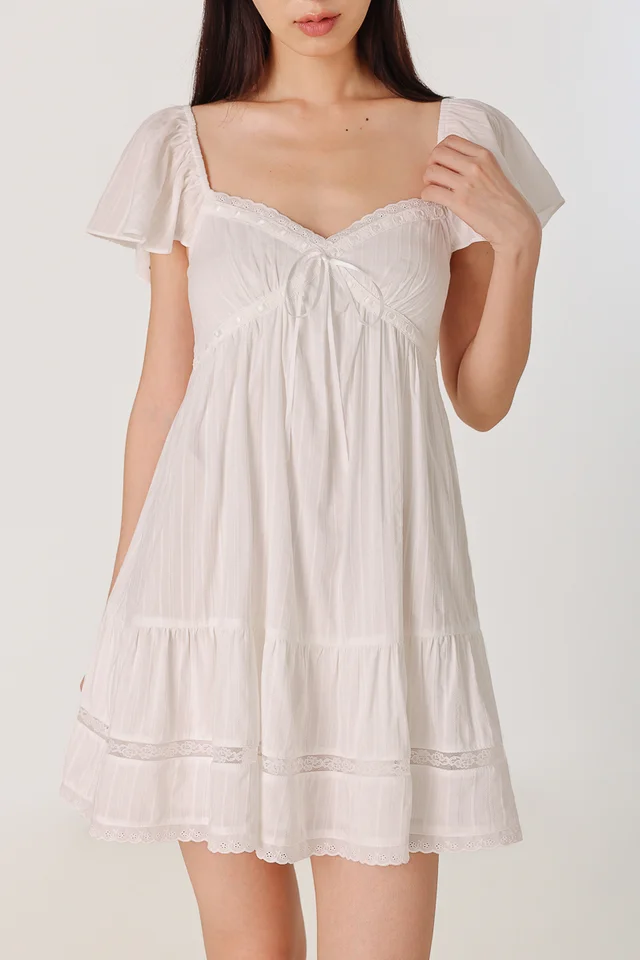 LIANE PADDED RIBBON INSERT FLUTTER SLEEVE DRESS (WHITE)