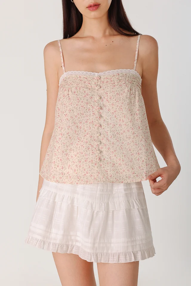 VIVIETTE LACE TRIM PINTUCK BUTTON CAMI TOP (FLORAL)