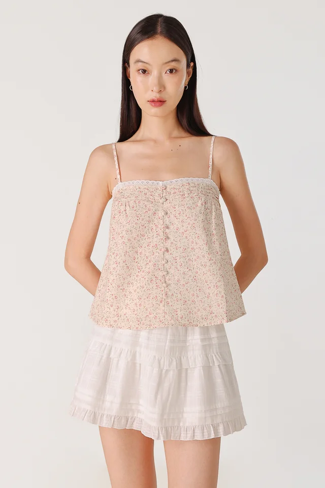 VIVIETTE LACE TRIM PINTUCK BUTTON CAMI TOP (FLORAL)
