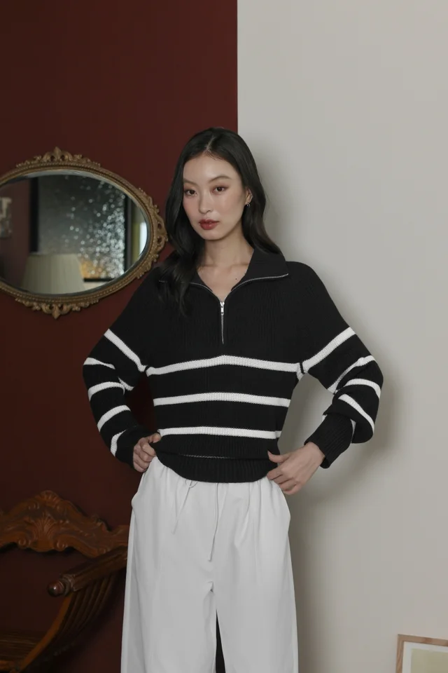 JOYCE PREMIUM COLLARED ZIPPED PULLOVER KNIT TOP (BLACK)