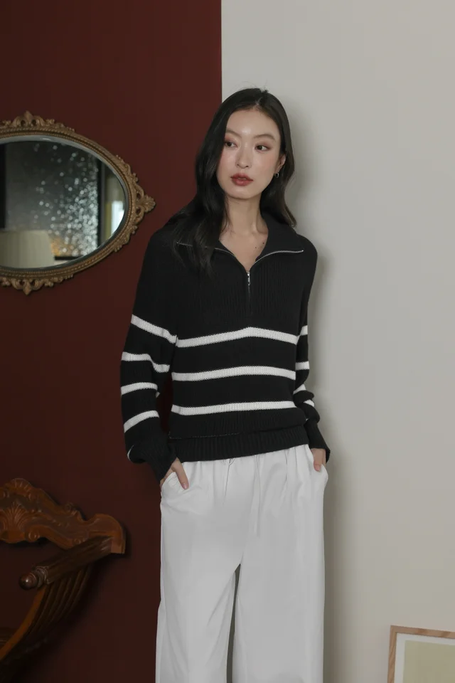 JOYCE PREMIUM COLLARED ZIPPED PULLOVER KNIT TOP (BLACK)