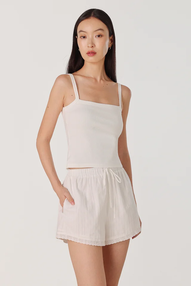 TRISHA TEXTURED EYELET HEM LOUNGE SHORTS