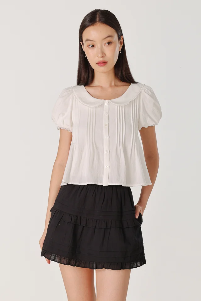 NAVIRA COLLARED LACE TRIM PINTUCK PUFF SLEEVE BLOUSE (WHITE)