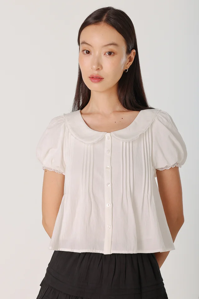 NAVIRA COLLARED LACE TRIM PINTUCK PUFF SLEEVE BLOUSE (WHITE)
