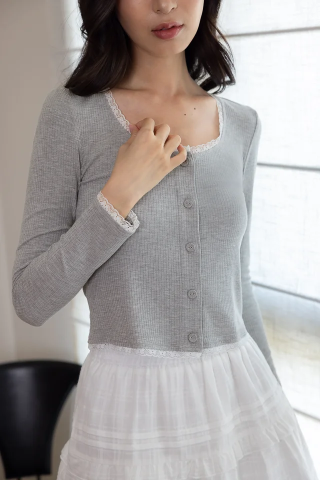 LILIA LACE TRIM SCOOP NECK BUTTON CARDIGAN TOP