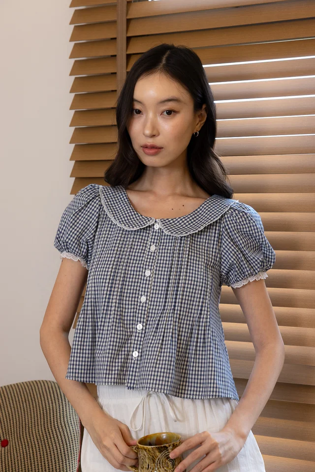 NAVIRA COLLARED LACE TRIM PINTUCK PUFF SLEEVE BLOUSE (CHECKERED)