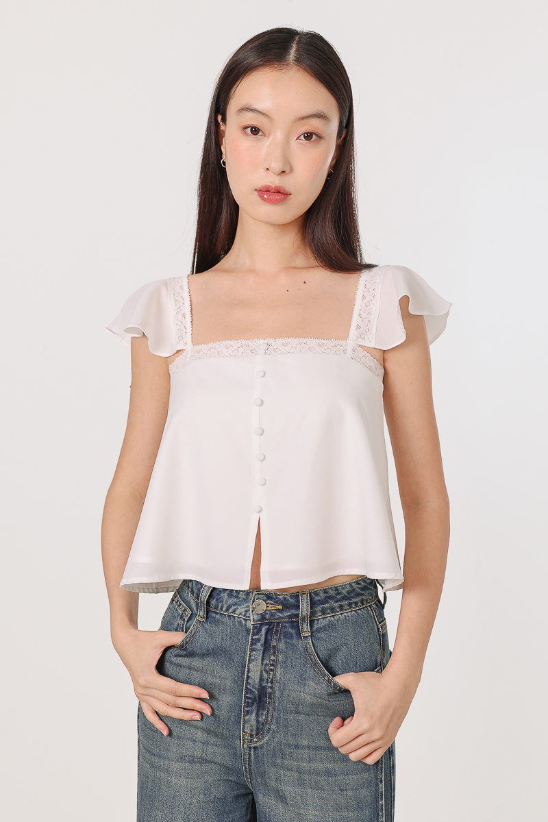 XAVIERA PADDED LACE TRIM BUTTON FLUTTER SLEEVE TOP (WHITE) | Lovet