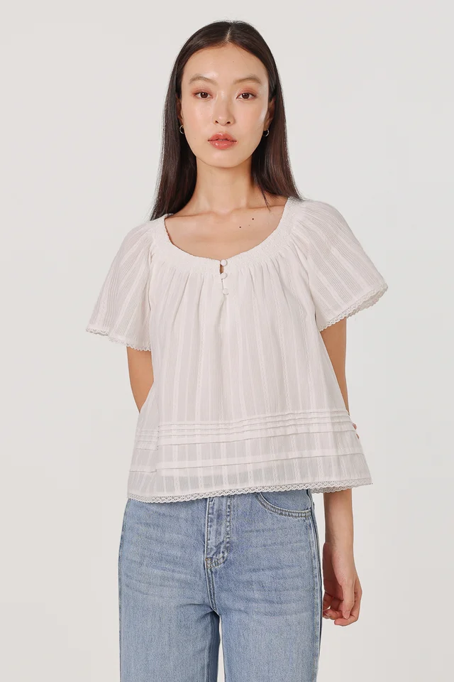 LUCINE SMOCKED NECK BUTTON FLUTTER SLEEVE BLOUSE (WHITE)
