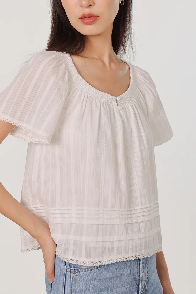 LUCINE SMOCKED NECK BUTTON FLUTTER SLEEVE BLOUSE (WHITE)