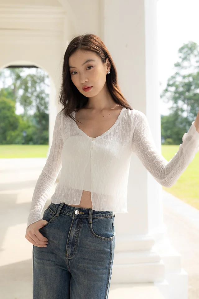 ARALYN TEXTURED LACE BUTTON CARDIGAN TOP (WHITE)