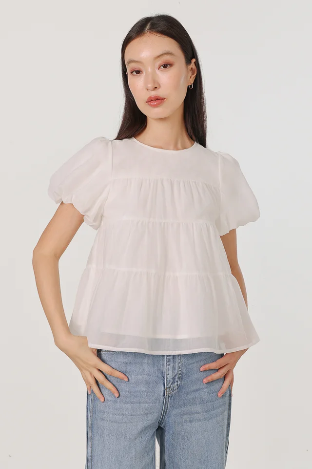 VELISSE CLOUD SLEEVE TIERED BABYDOLL TOP (WHITE)
