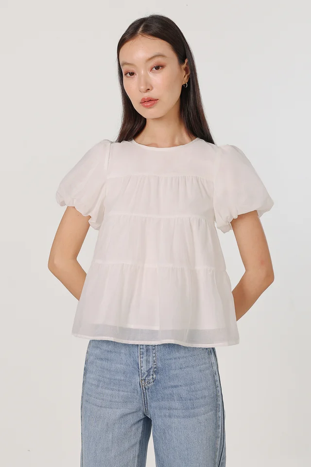 VELISSE CLOUD SLEEVE TIERED BABYDOLL TOP (WHITE)
