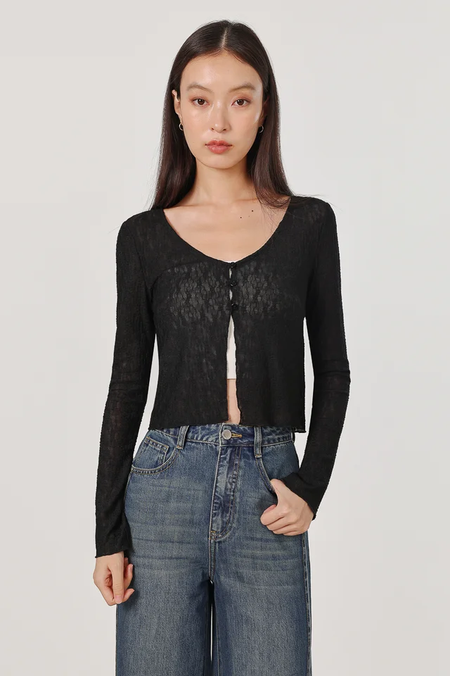 ARALYN TEXTURED LACE BUTTON CARDIGAN TOP (BLACK)