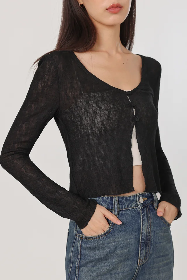 ARALYN TEXTURED LACE BUTTON CARDIGAN TOP (BLACK)
