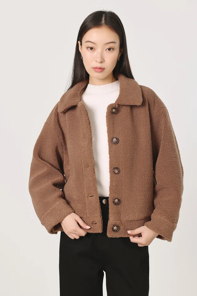 ZOLANI TEDDY FUR COLLARED BUTTON JACKET (BROWN)