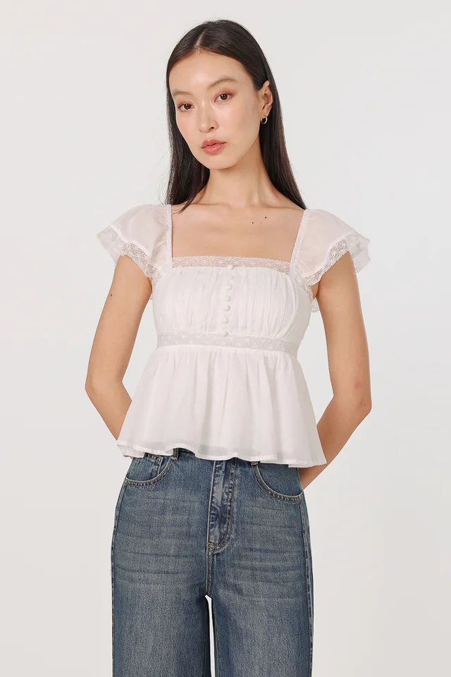XYLIA PADDED CHIFFON LACE INSERT FLUTTER SLEEVE TOP (WHITE)