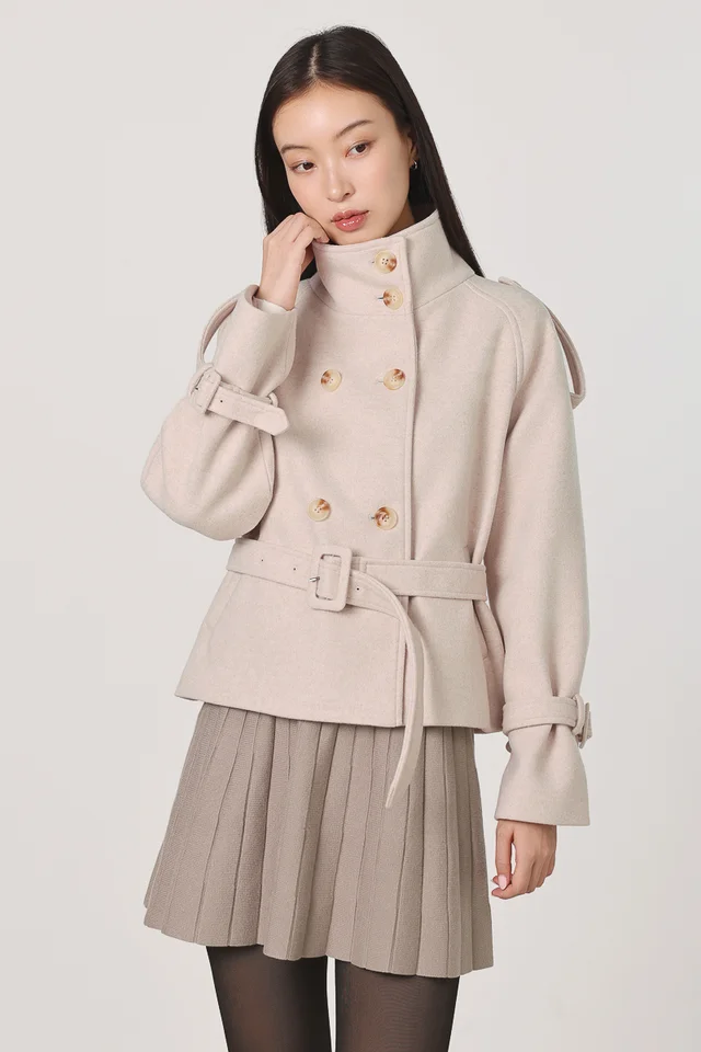 HERLYN HIGH NECK SHELL BUTTON BELTED WAIST COAT (OAT)