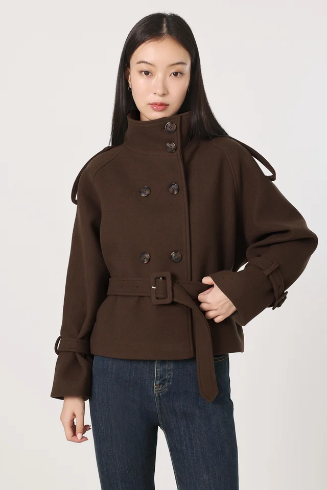HERLYN HIGH NECK SHELL BUTTON BELTED WAIST COAT (ESPRESSO)