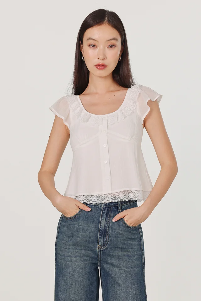 FLESSA PADDED LACE TRIM COLLARED BUTTON TOP (WHITE)