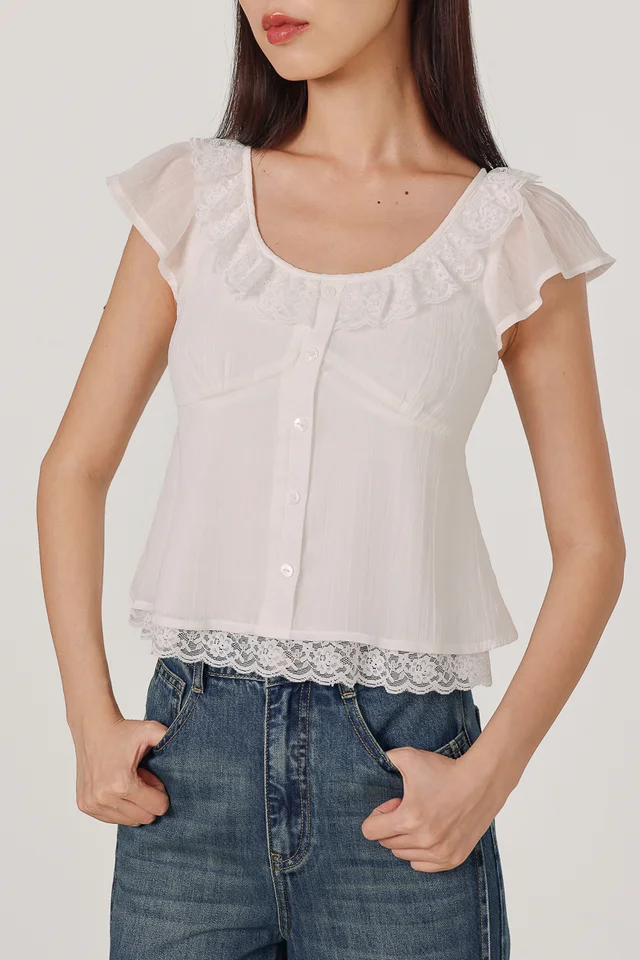 FLESSA PADDED LACE TRIM COLLARED BUTTON TOP (WHITE)