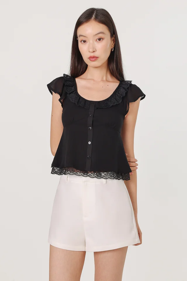 FLESSA PADDED LACE TRIM COLLARED BUTTON TOP (BLACK)