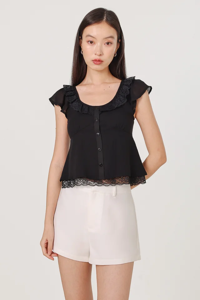 FLESSA PADDED LACE TRIM COLLARED BUTTON TOP (BLACK)