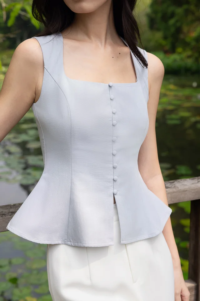 AMAYA SQUARE NECK BUTTON FIT AND FLARE TOP (BLUE)