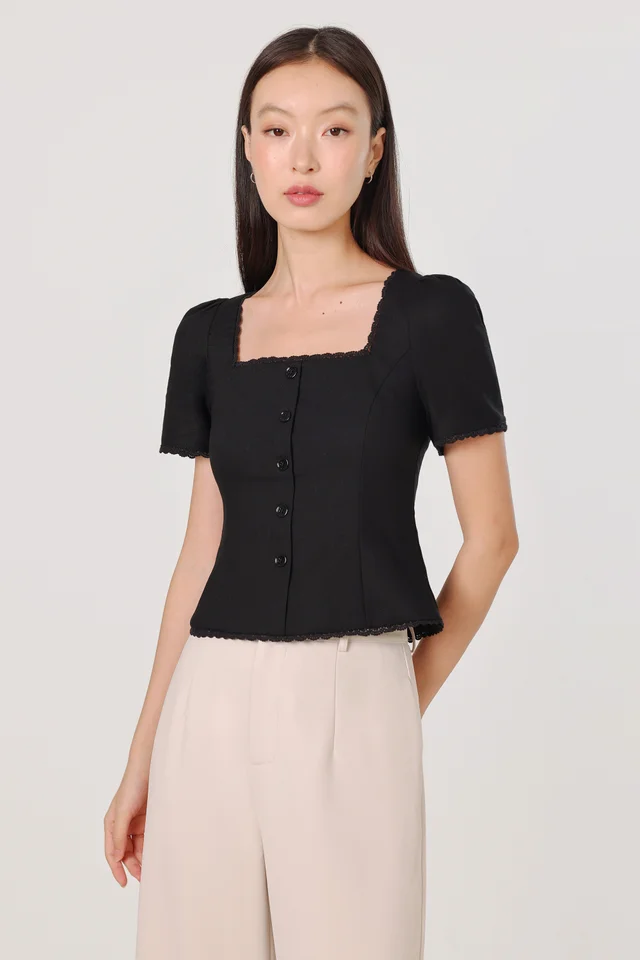 SAMAIRA LACE TRIM SLEEVED BUTTON TOP (BLACK)