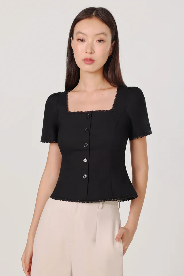 SAMAIRA LACE TRIM SLEEVED BUTTON TOP (BLACK)