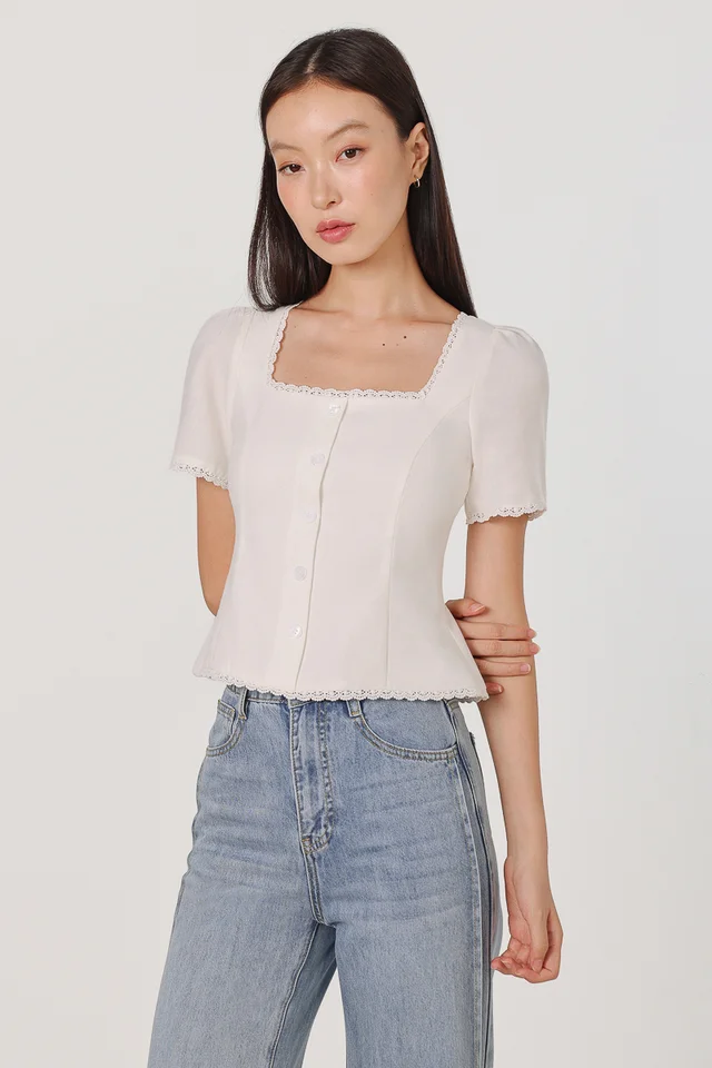 SAMAIRA LACE TRIM SLEEVED BUTTON TOP (WHITE)