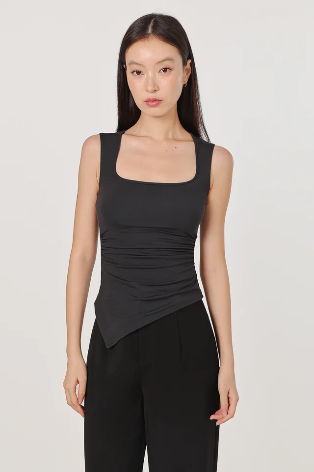 XIANA PADDED SQUARE NECK SLANT HEM RUCHED TOP (GREY)