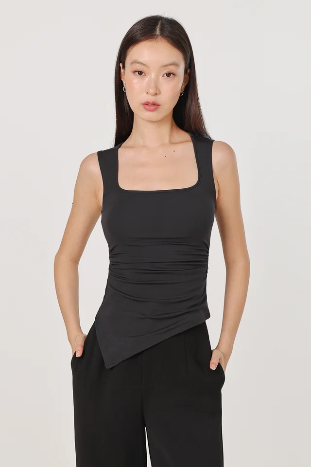XIANA PADDED SQUARE NECK SLANT HEM RUCHED TOP (GREY)
