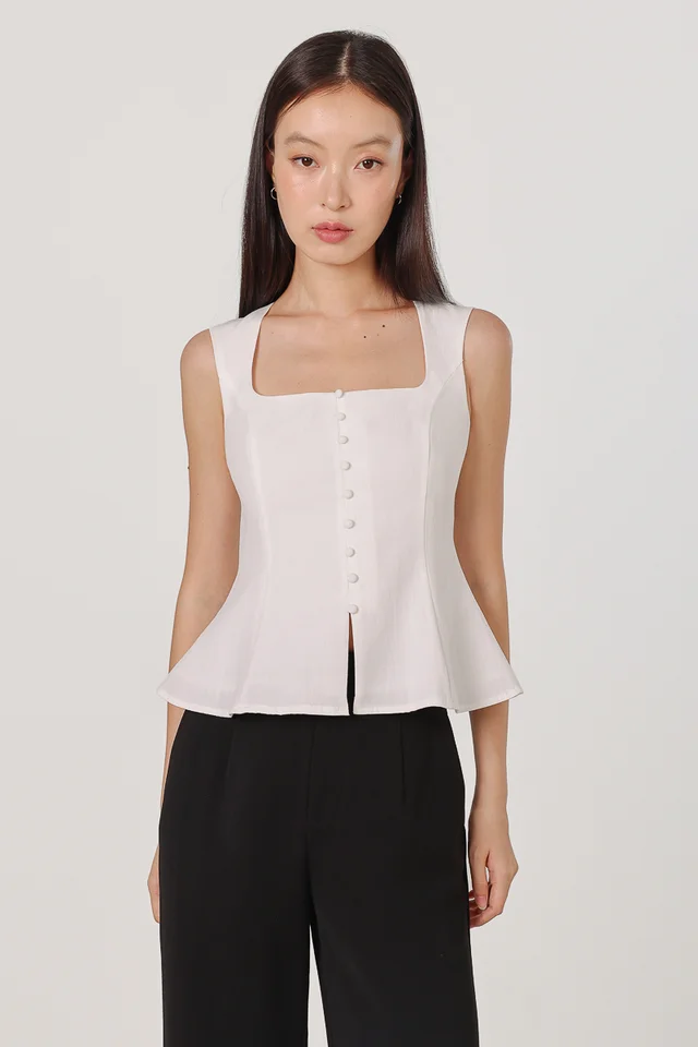 AMAYA SQUARE NECK BUTTON FIT AND FLARE TOP (WHITE)