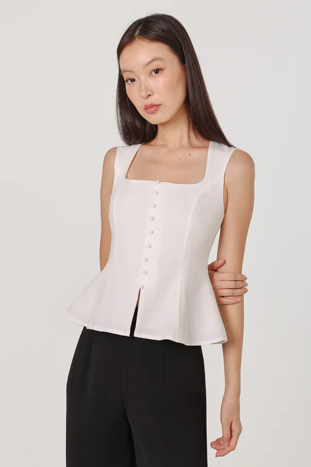 AMAYA SQUARE NECK BUTTON FIT AND FLARE TOP (WHITE)