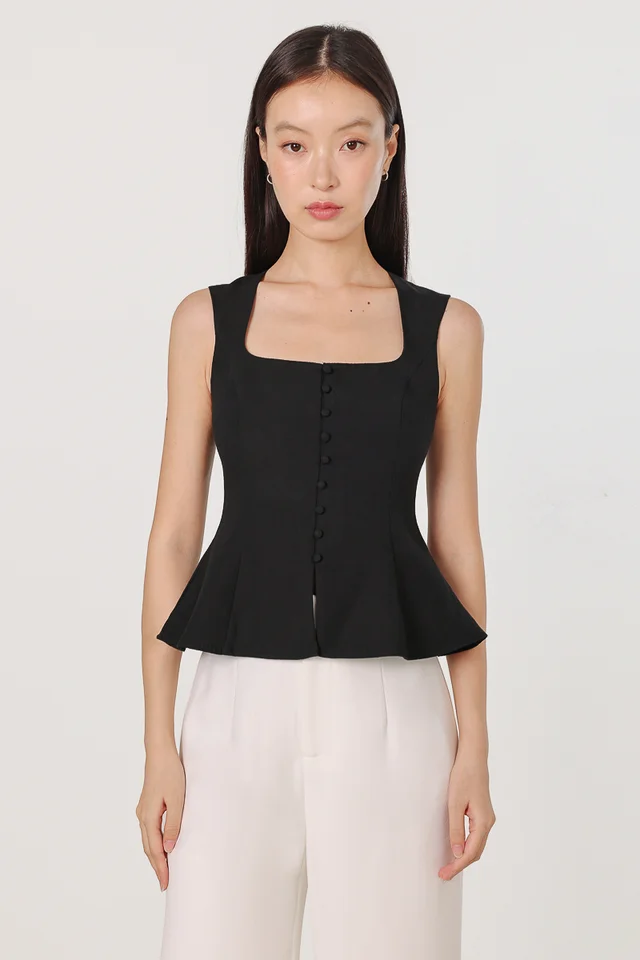AMAYA SQUARE NECK BUTTON FIT AND FLARE TOP (BLACK)