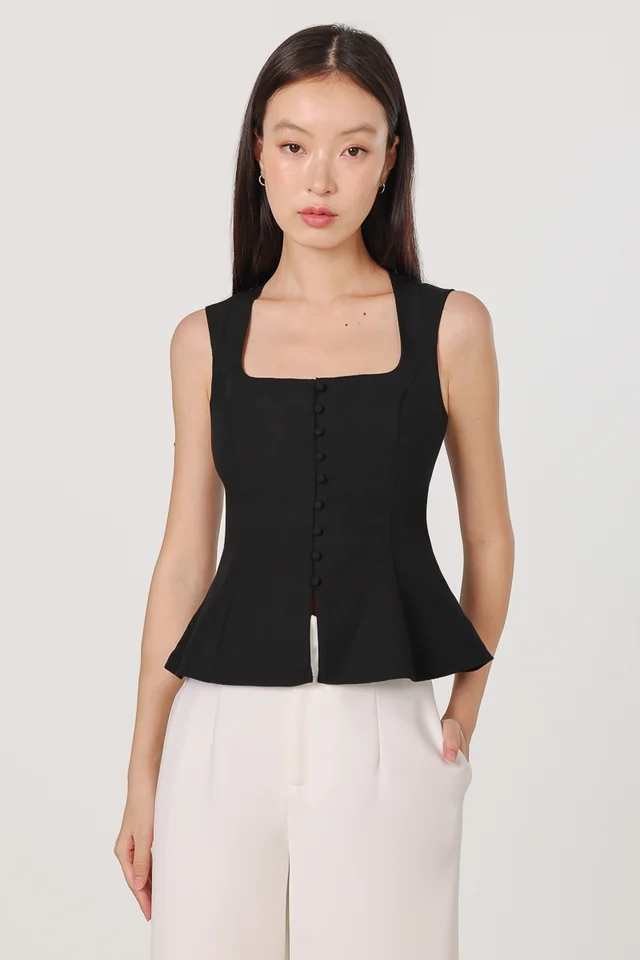 AMAYA SQUARE NECK BUTTON FIT AND FLARE TOP (BLACK)