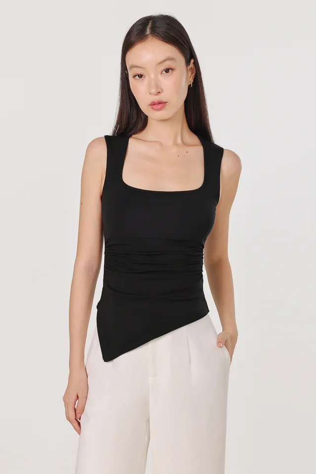 XIANA PADDED SQUARE NECK SLANT HEM RUCHED TOP (BLACK)