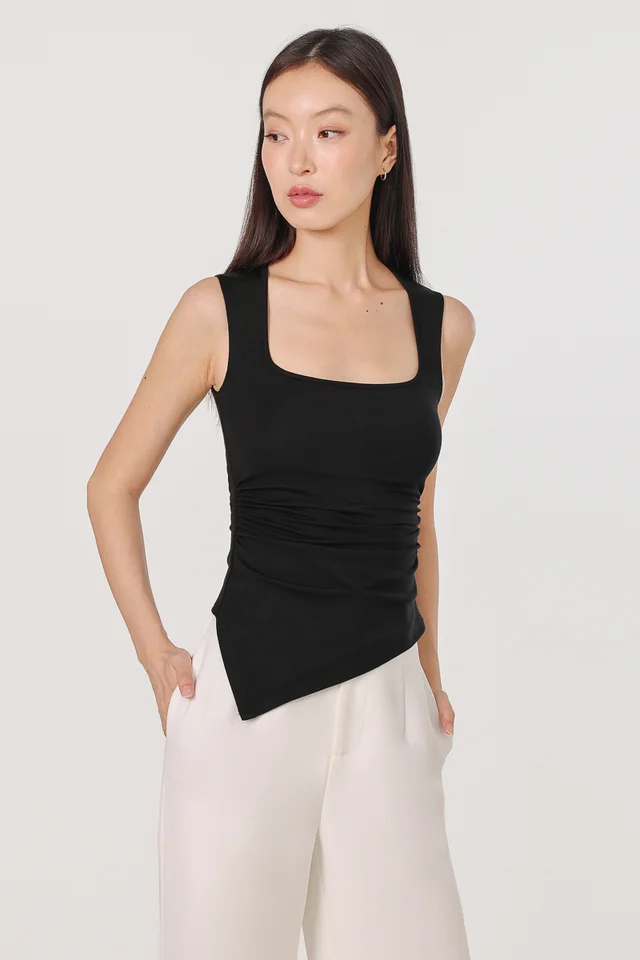 XIANA PADDED SQUARE NECK SLANT HEM RUCHED TOP (BLACK)