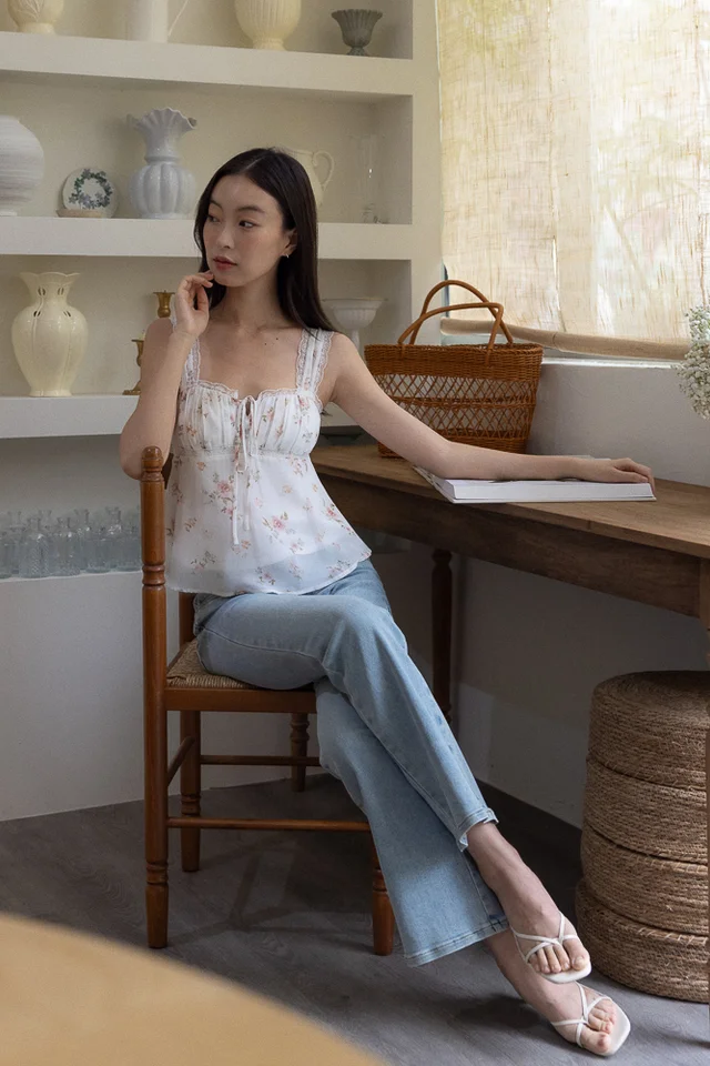 ADELLA PADDED LACE TRIM RIBBON BABYDOLL TOP (FLORAL)