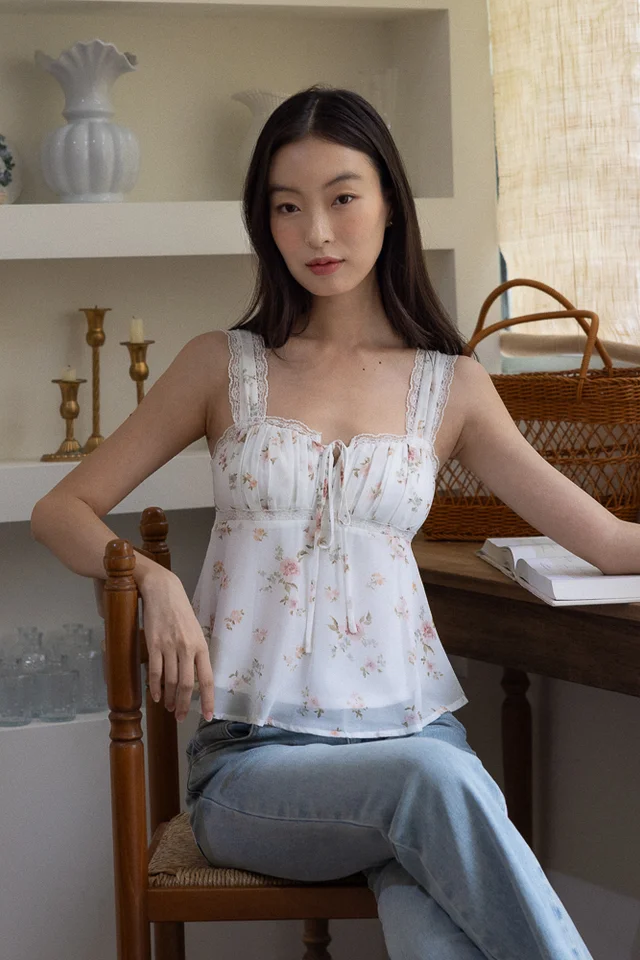 ADELLA PADDED LACE TRIM RIBBON BABYDOLL TOP (FLORAL)